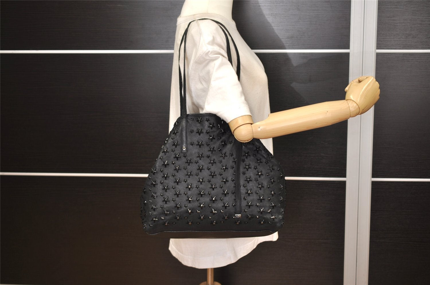 Authentic JIMMY CHOO Vintage Star Studs Leather Shoulder Tote Bag Black 0735K