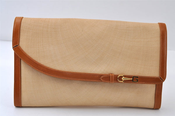 Authentic GUCCI Vintage Horsebit Clutch Hand Bag Purse PVC Leather Beige 0739J