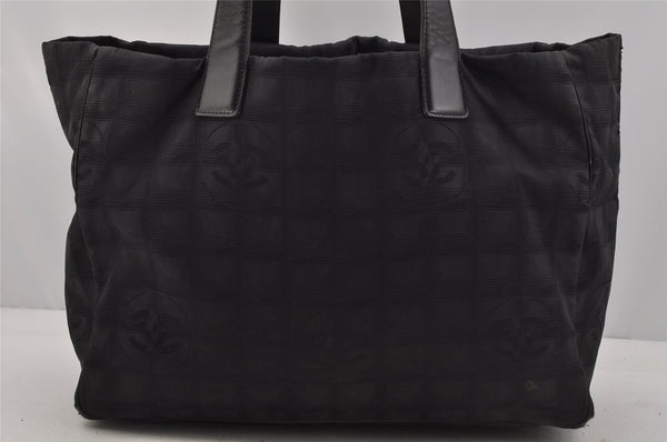 Authentic CHANEL New Travel Line Shoulder Tote Bag Nylon Leather Black 0741J