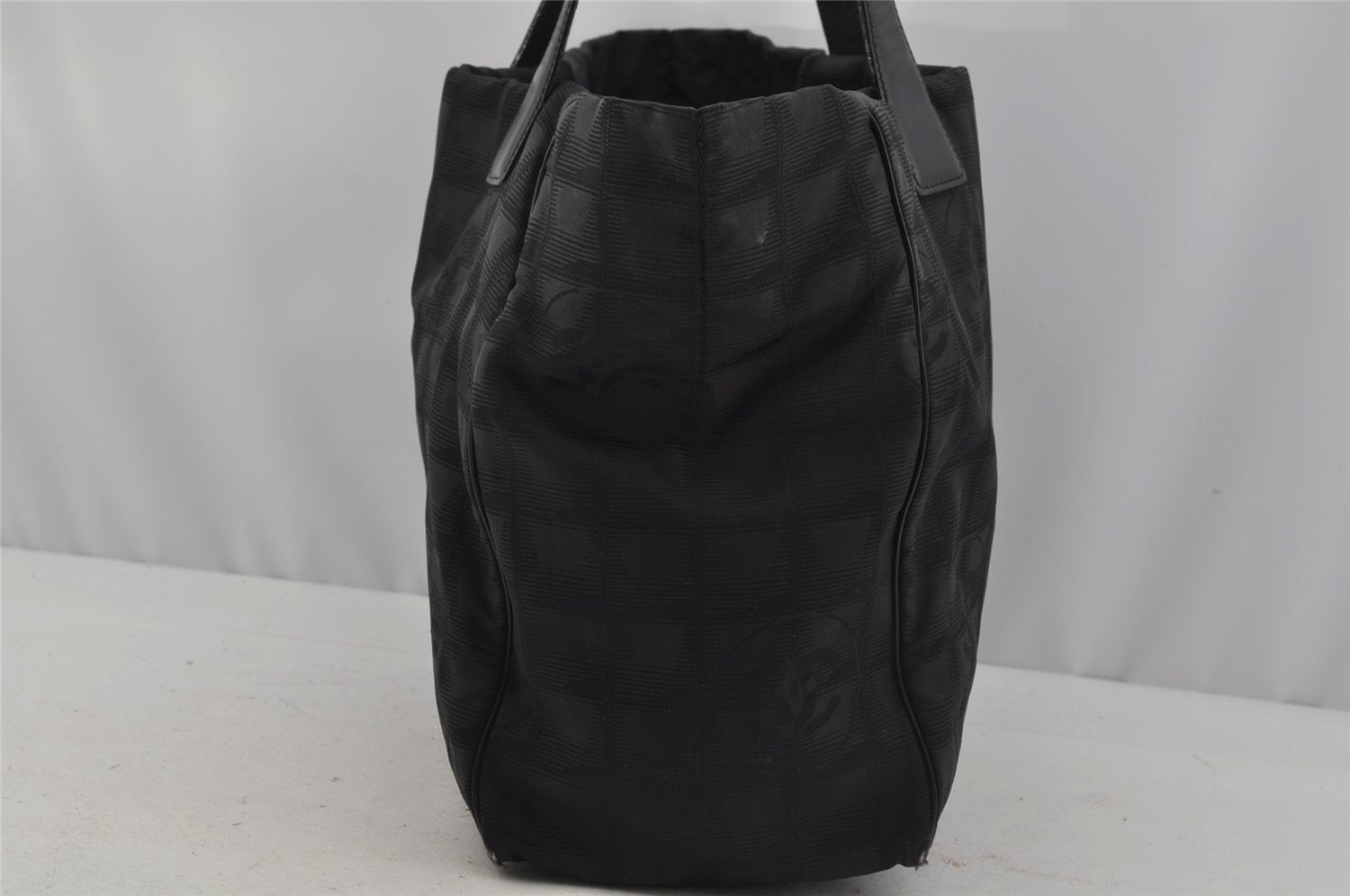 Authentic CHANEL New Travel Line Shoulder Tote Bag Nylon Leather Black 0741J