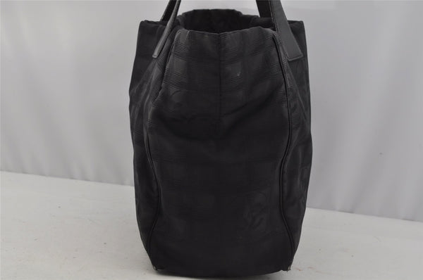 Authentic CHANEL New Travel Line Shoulder Tote Bag Nylon Leather Black 0741J