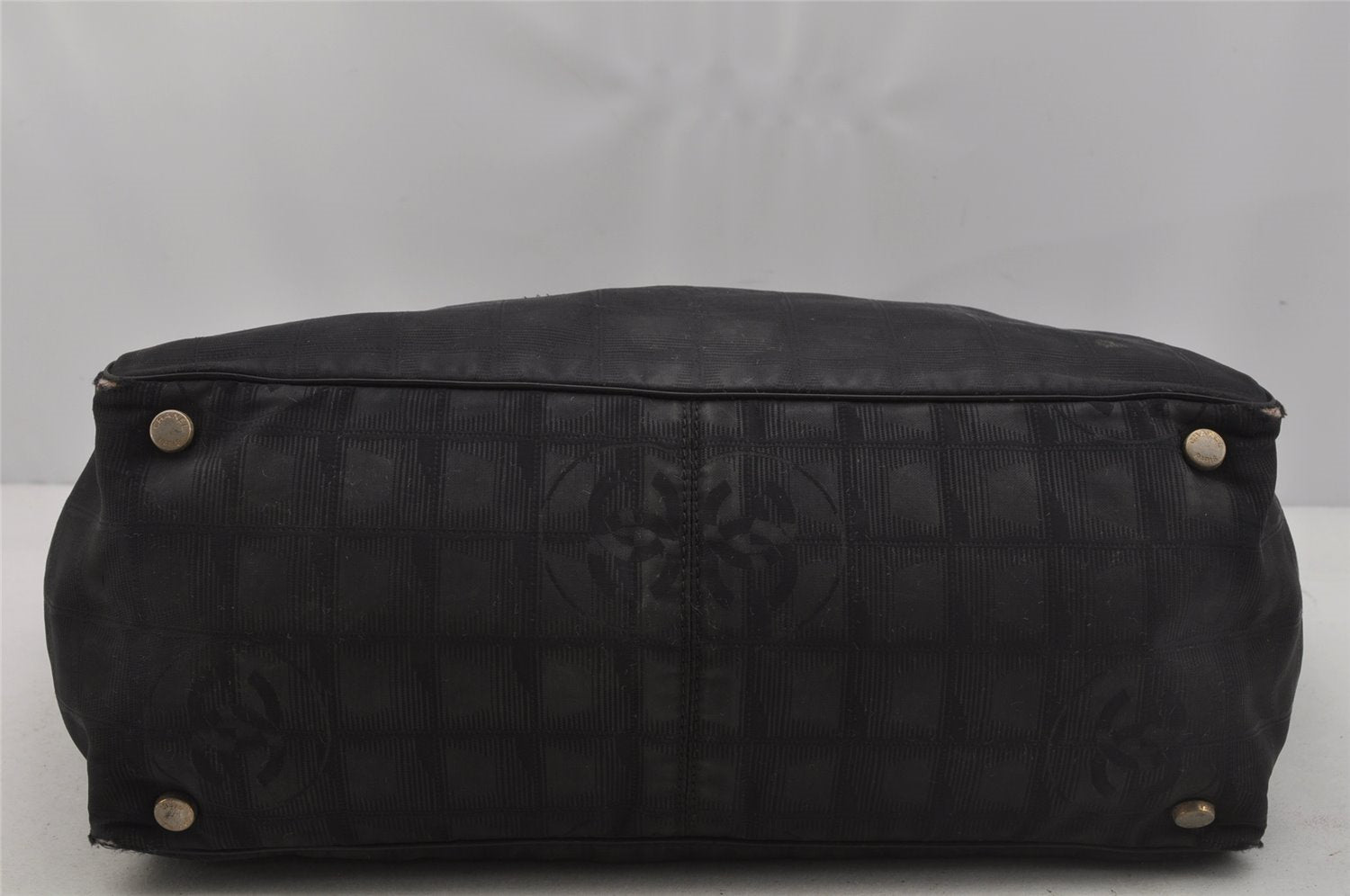 Authentic CHANEL New Travel Line Shoulder Tote Bag Nylon Leather Black 0741J