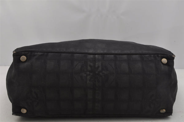 Authentic CHANEL New Travel Line Shoulder Tote Bag Nylon Leather Black 0741J