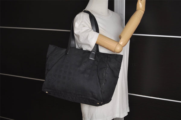 Authentic CHANEL New Travel Line Shoulder Tote Bag Nylon Leather Black 0741J