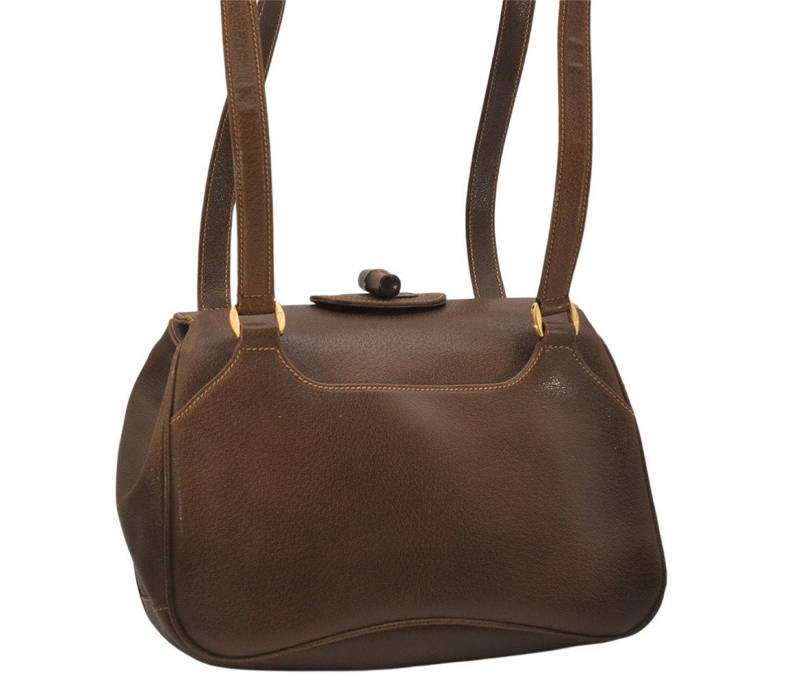 Authentic GUCCI Vintage Bamboo Shoulder Bag Purse Leather Brown 0742K