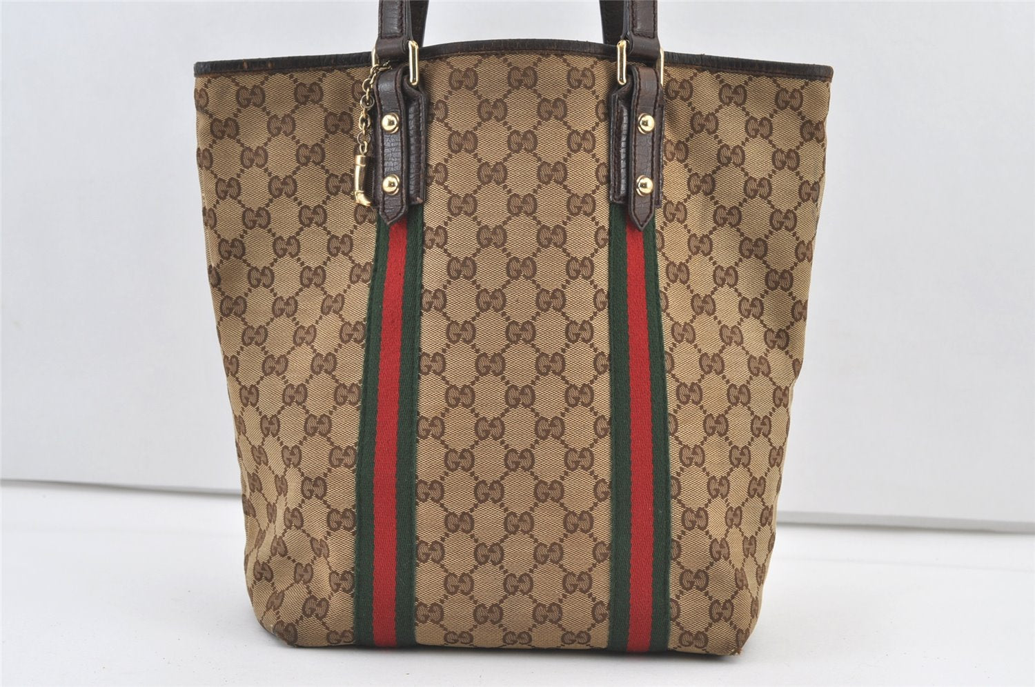 Authentic GUCCI Web Sherry Line Tote Bag GG Canvas Leather 162899 Brown 0743K