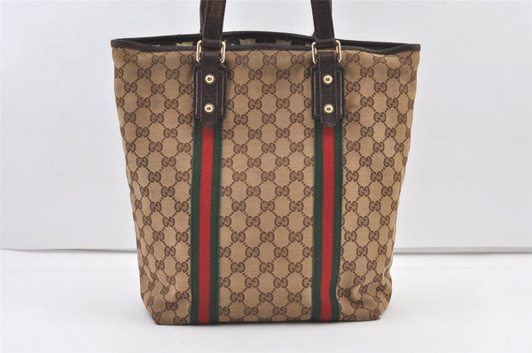Authentic GUCCI Web Sherry Line Tote Bag GG Canvas Leather 162899 Brown 0743K