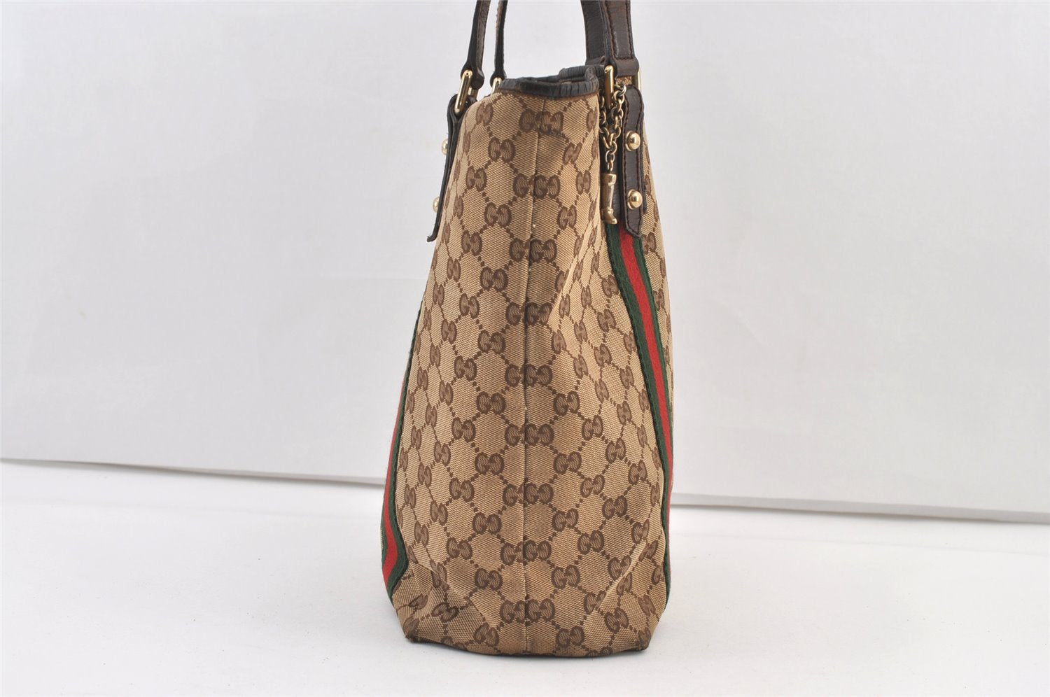 Authentic GUCCI Web Sherry Line Tote Bag GG Canvas Leather 162899 Brown 0743K