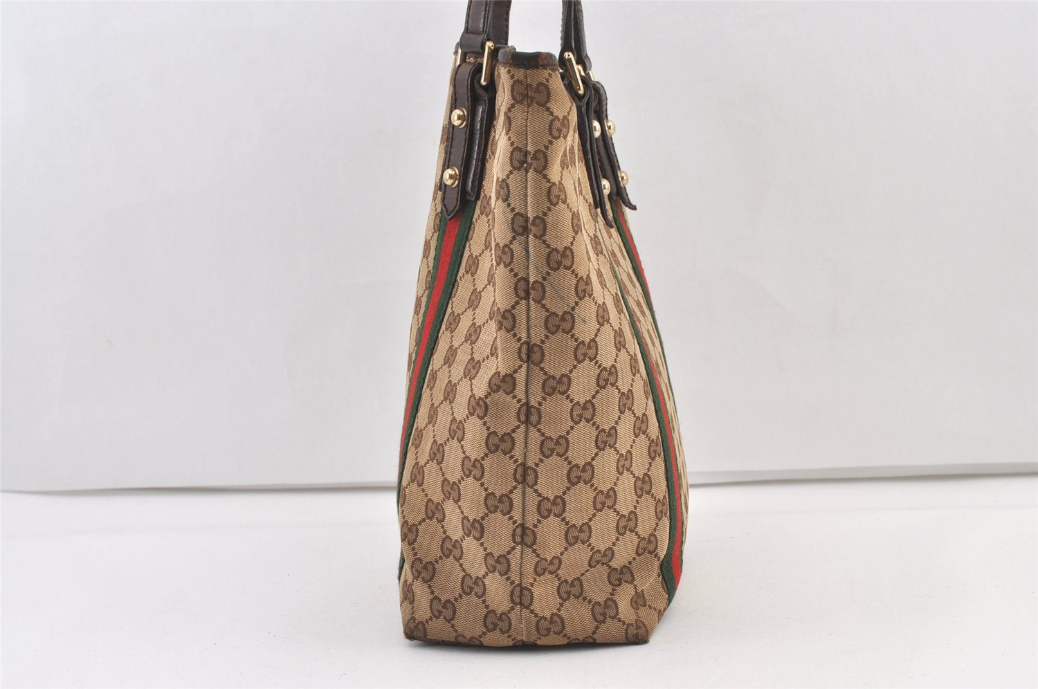 Authentic GUCCI Web Sherry Line Tote Bag GG Canvas Leather 162899 Brown 0743K