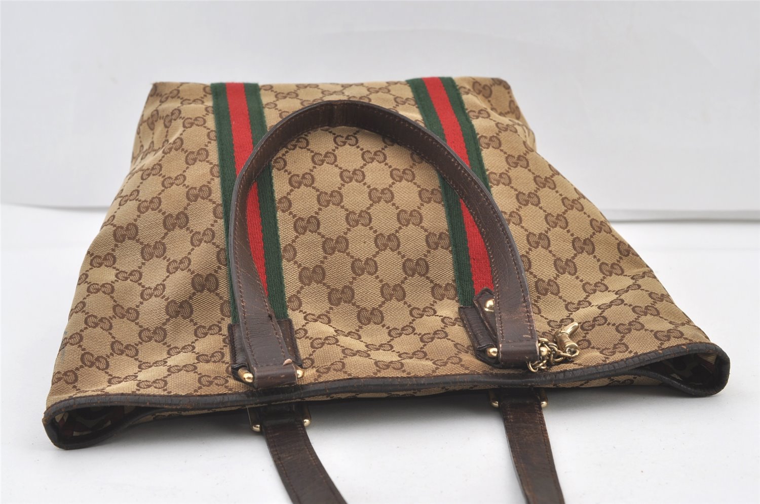 Authentic GUCCI Web Sherry Line Tote Bag GG Canvas Leather 162899 Brown 0743K