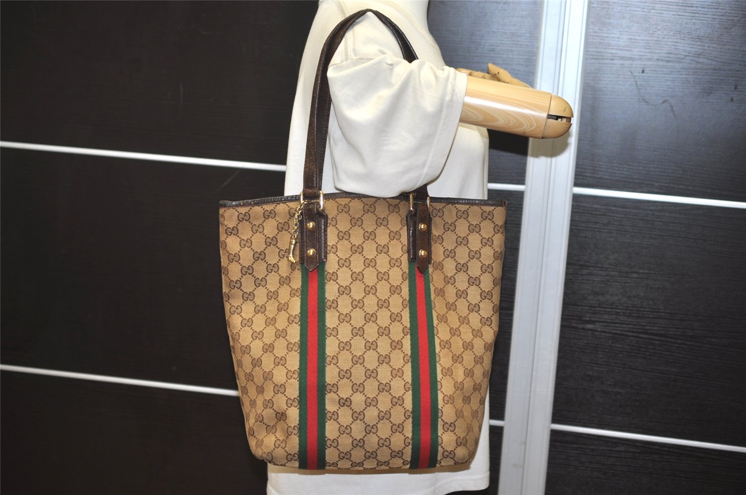 Authentic GUCCI Web Sherry Line Tote Bag GG Canvas Leather 162899 Brown 0743K