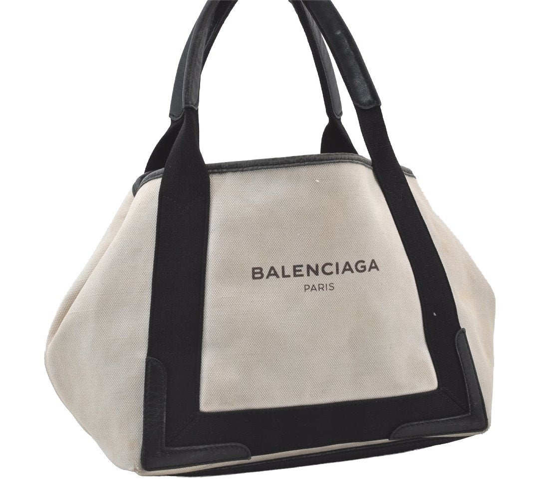 Authentic BALENCIAGA Navy Caba S Hand Bag Canvas Leather 339933 White 0744J