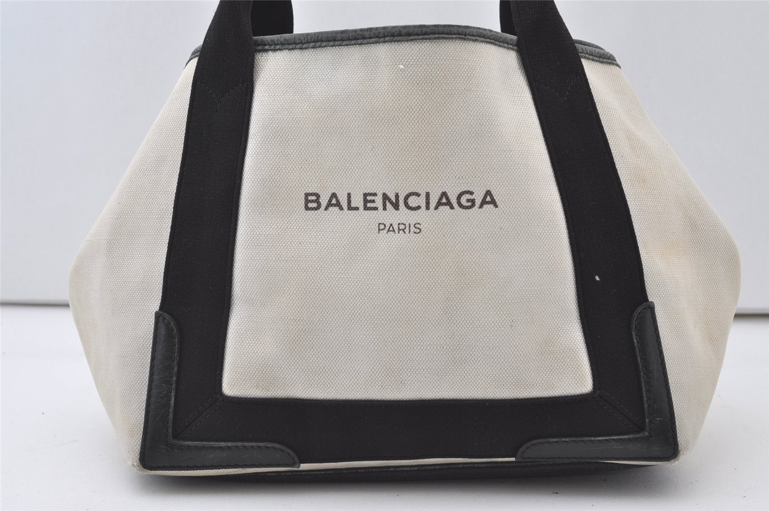 Authentic BALENCIAGA Navy Caba S Hand Bag Canvas Leather 339933 White 0744J