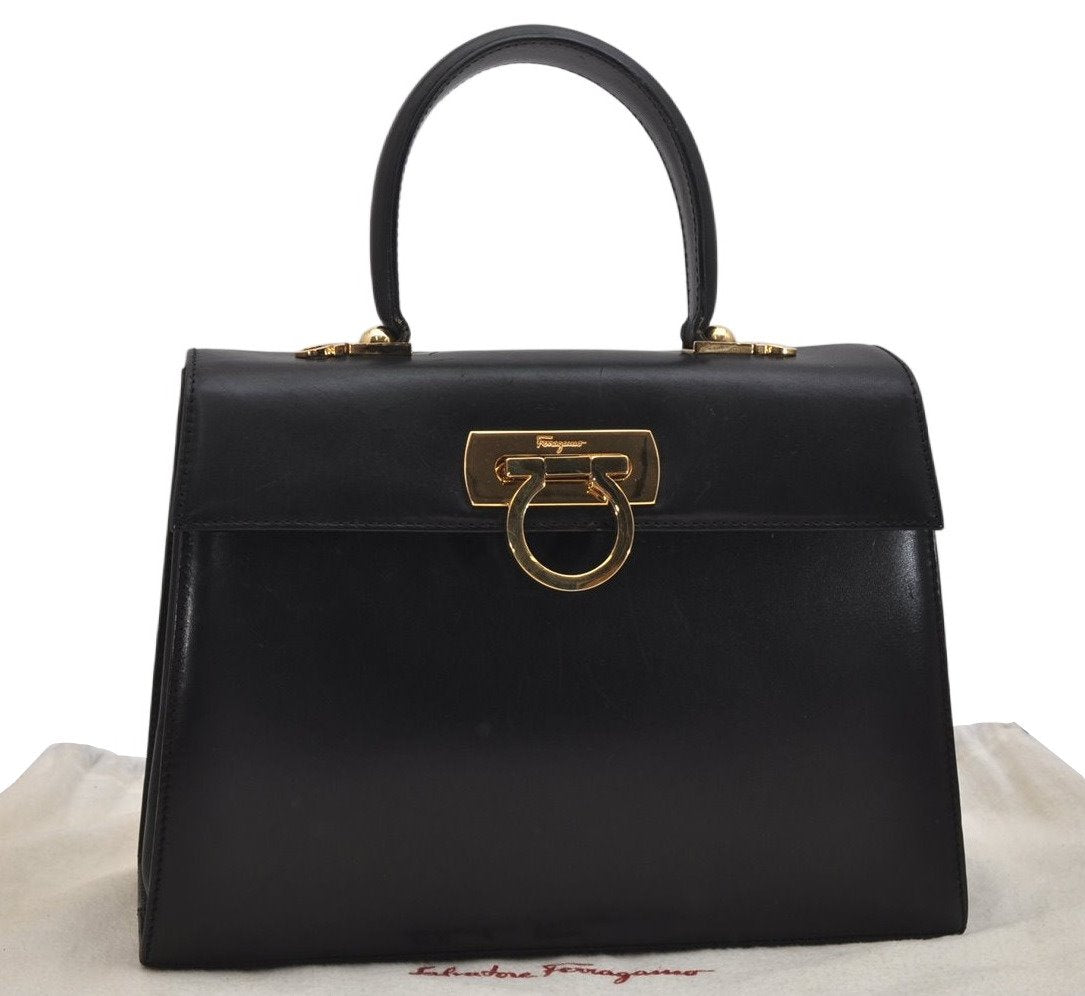Authentic Salvatore Ferragamo Gancini Leather 2Way Shoulder Hand Bag Black 0745K