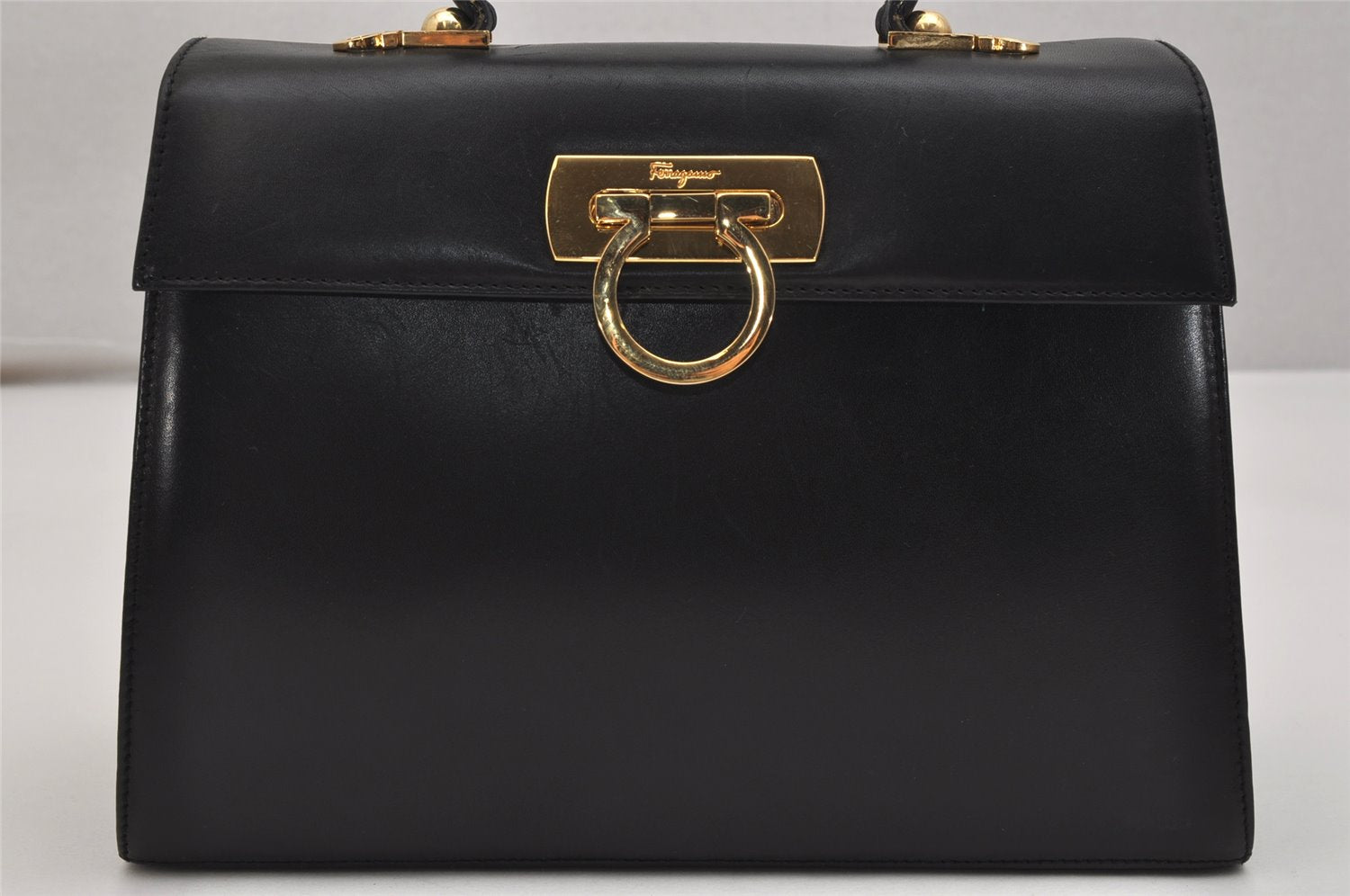 Authentic Salvatore Ferragamo Gancini Leather 2Way Shoulder Hand Bag Black 0745K