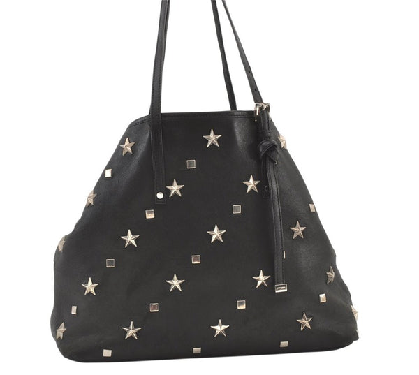 Authentic JIMMY CHOO Vintage Star Studs Leather Shoulder Tote Bag Black 0747K
