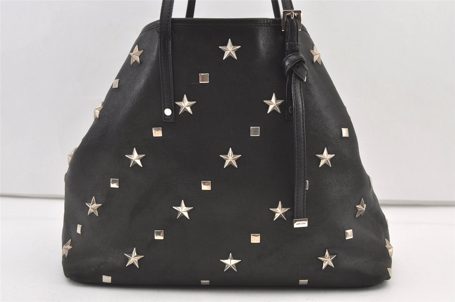 Authentic JIMMY CHOO Vintage Star Studs Leather Shoulder Tote Bag Black 0747K
