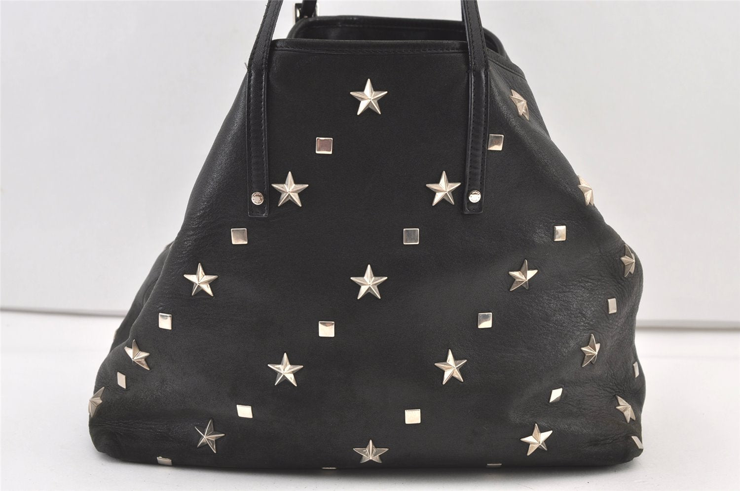 Authentic JIMMY CHOO Vintage Star Studs Leather Shoulder Tote Bag Black 0747K