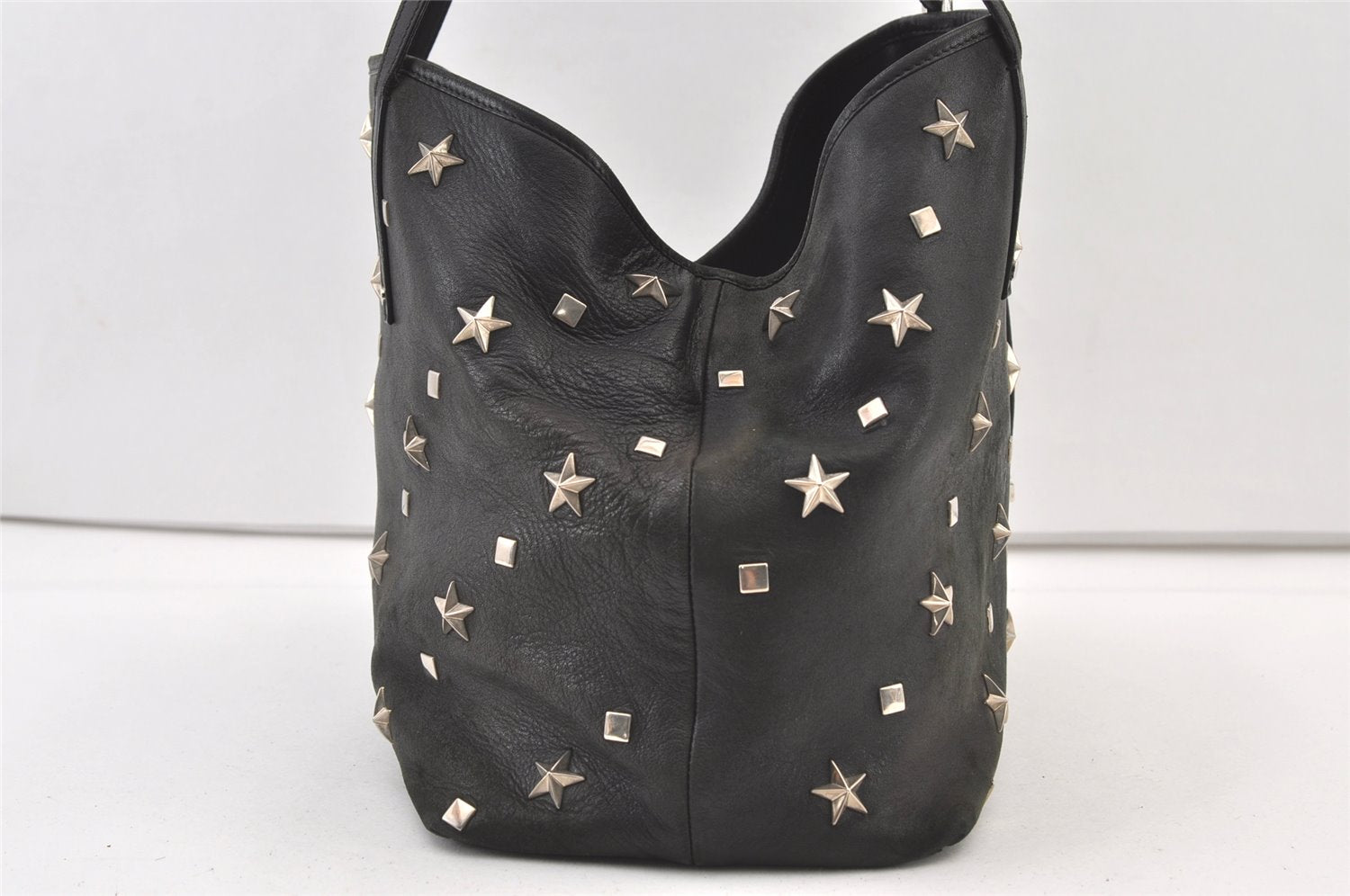 Authentic JIMMY CHOO Vintage Star Studs Leather Shoulder Tote Bag Black 0747K