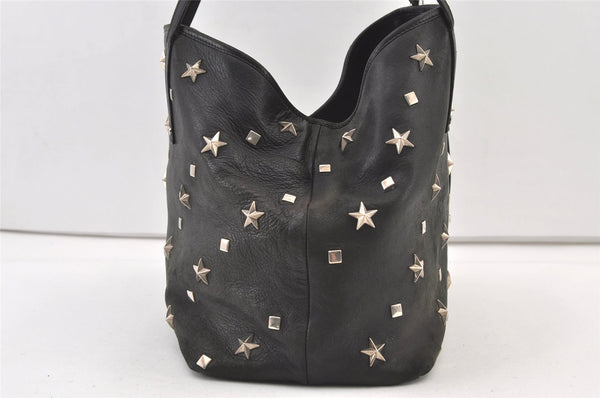 Authentic JIMMY CHOO Vintage Star Studs Leather Shoulder Tote Bag Black 0747K
