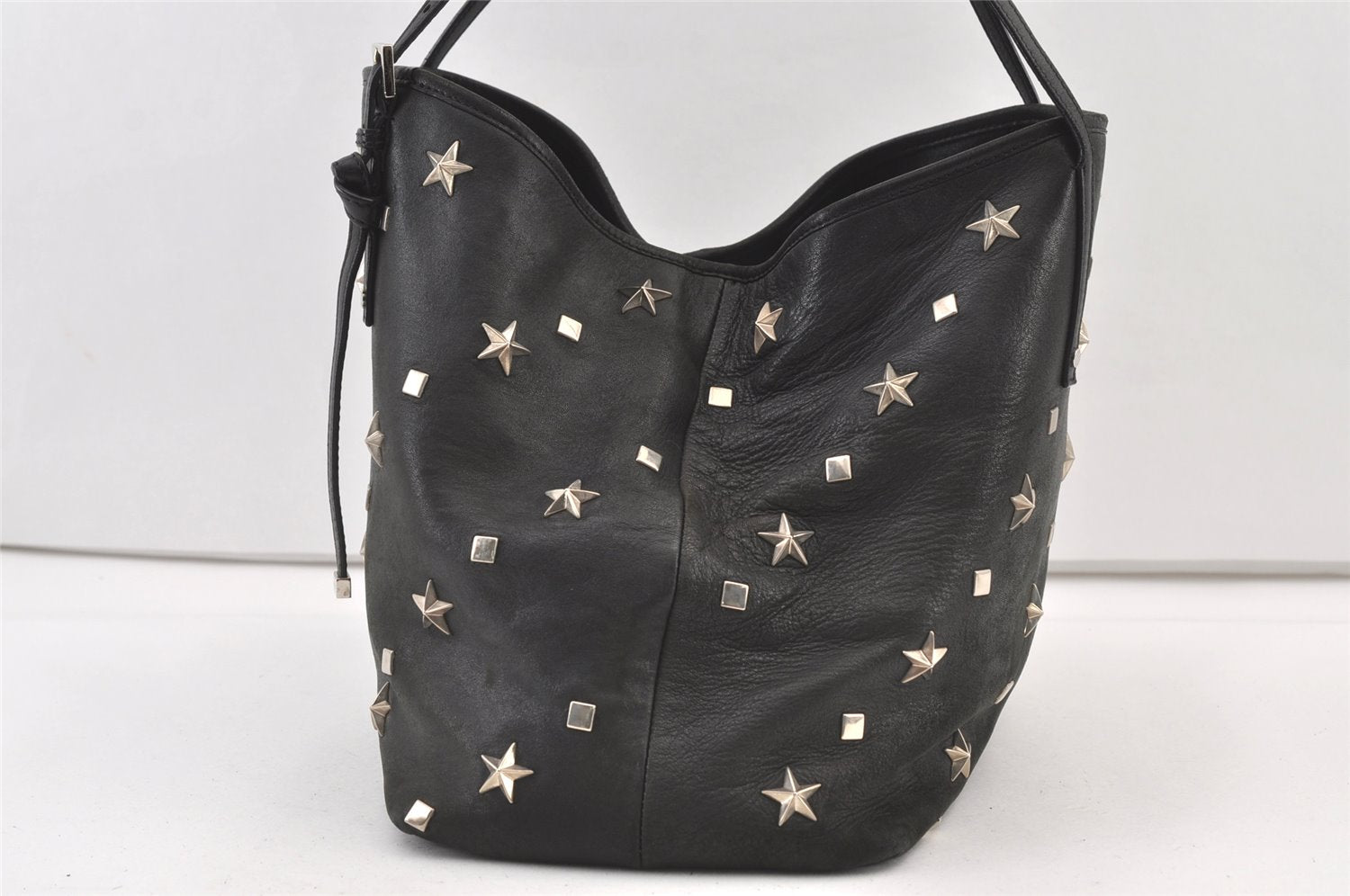 Authentic JIMMY CHOO Vintage Star Studs Leather Shoulder Tote Bag Black 0747K