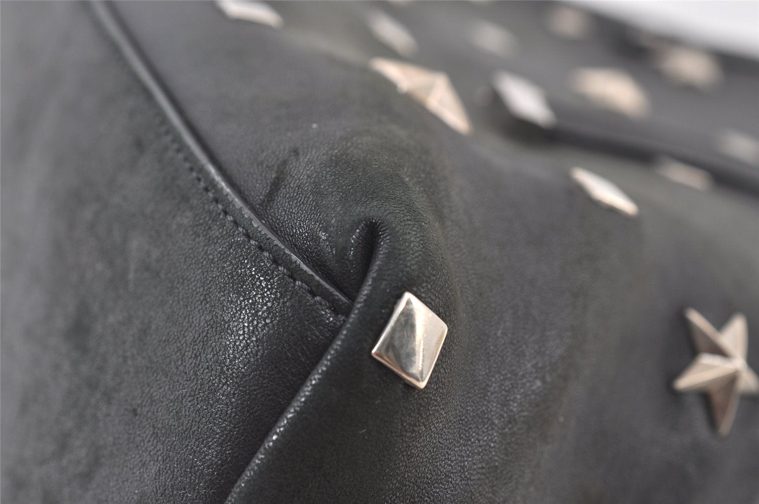 Authentic JIMMY CHOO Vintage Star Studs Leather Shoulder Tote Bag Black 0747K