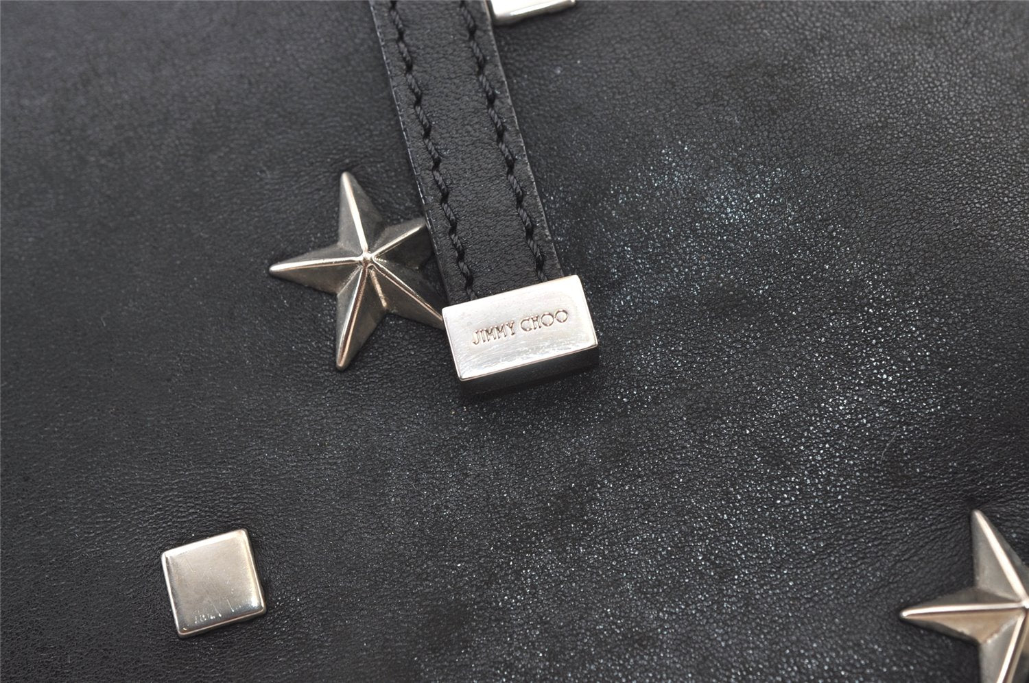 Authentic JIMMY CHOO Vintage Star Studs Leather Shoulder Tote Bag Black 0747K