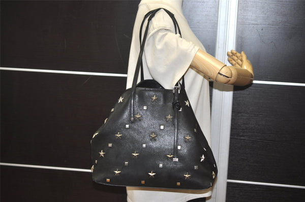 Authentic JIMMY CHOO Vintage Star Studs Leather Shoulder Tote Bag Black 0747K