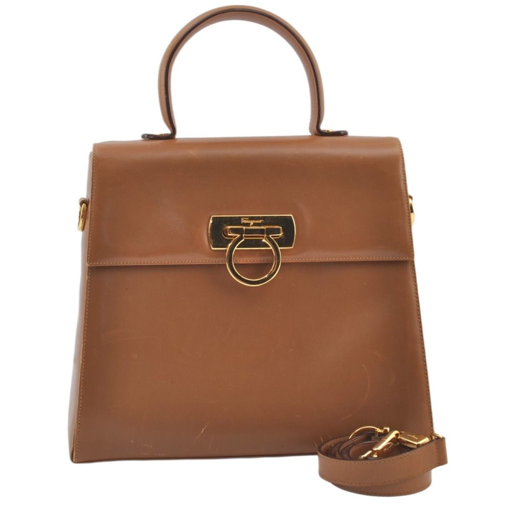 Authentic Salvatore Ferragamo Gancini Leather 2Way Shoulder Hand Bag Brown 0748K