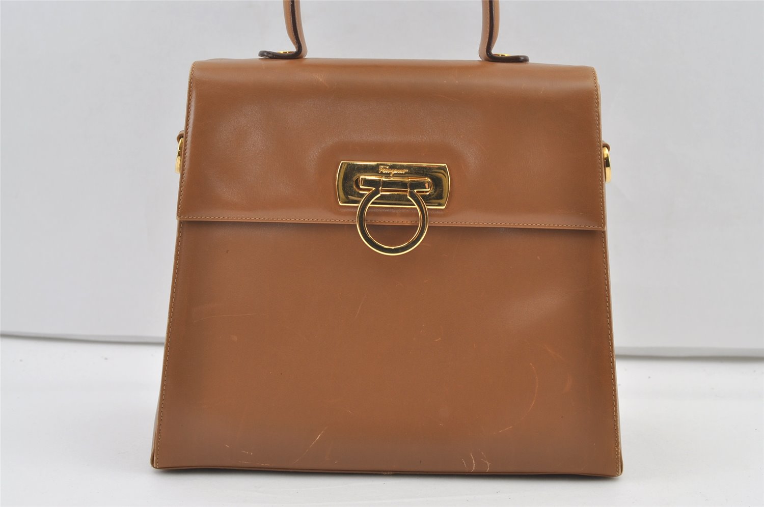 Authentic Salvatore Ferragamo Gancini Leather 2Way Shoulder Hand Bag Brown 0748K