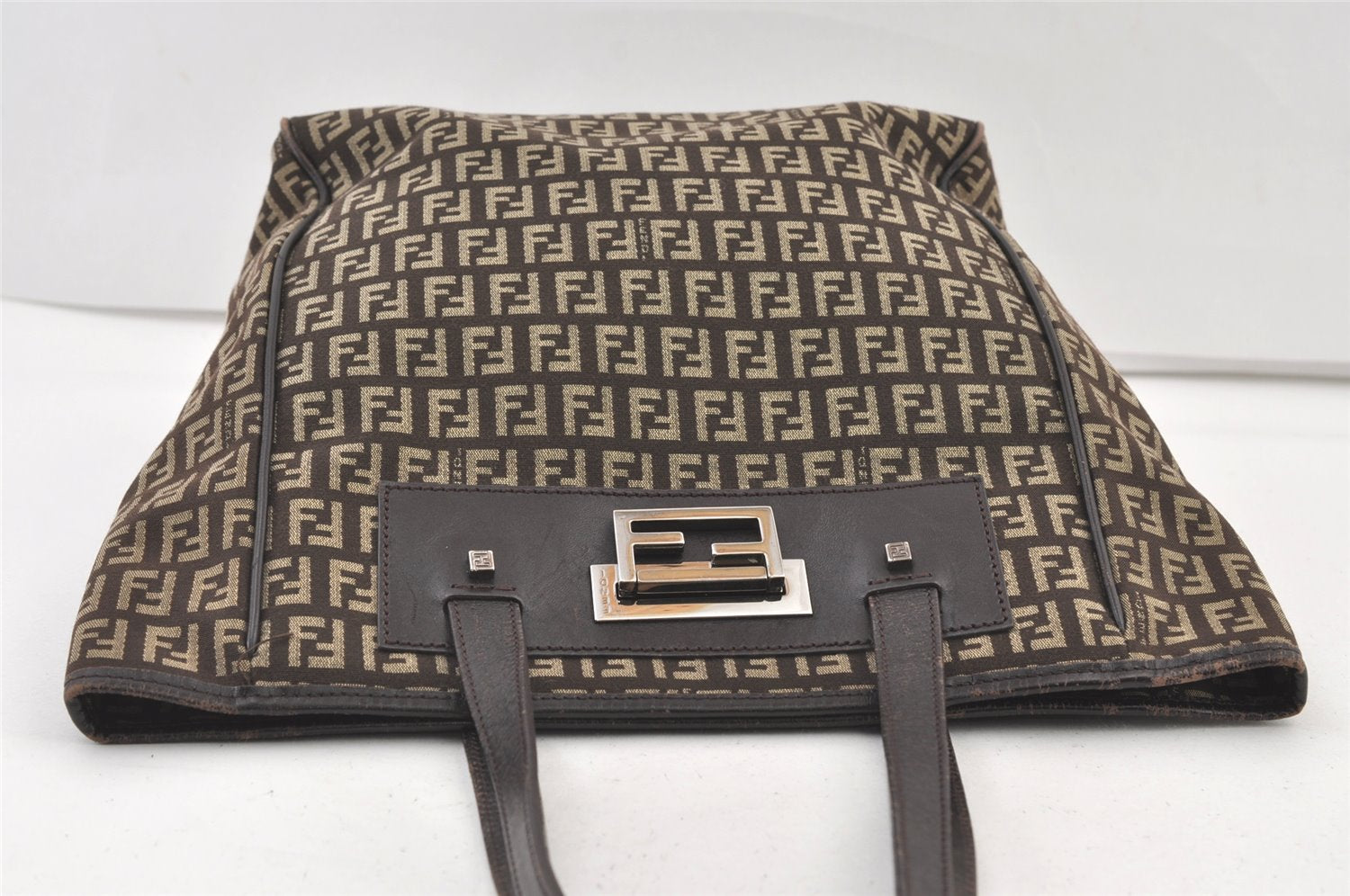 Authentic FENDI Zucchino Shoulder Tote Bag Canvas Leather Brown 0750K