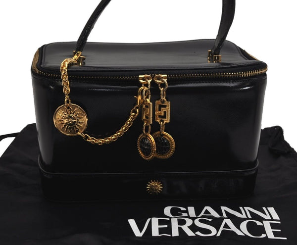 Authentic Gianni Versace Sunburst Vanity Hand Bag Purse Leather Black 0751K