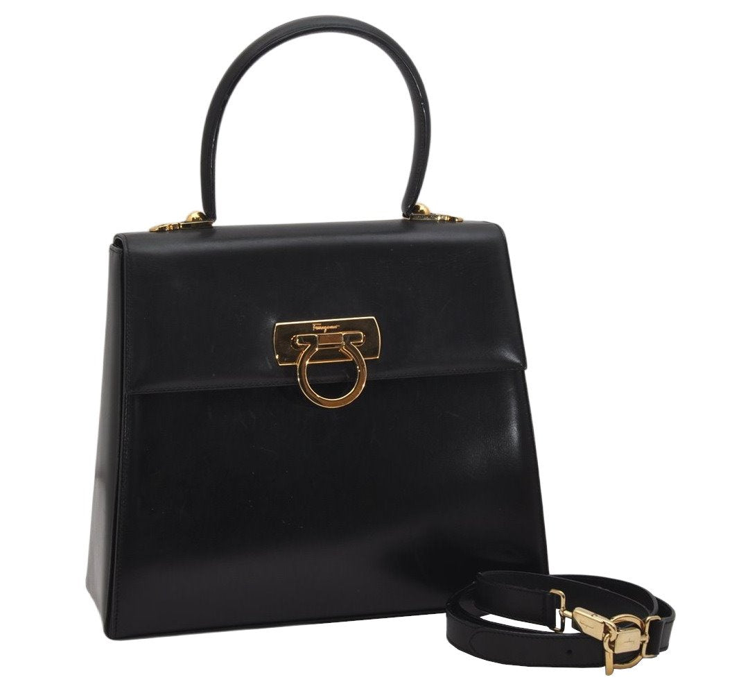 Authentic Salvatore Ferragamo Gancini Leather 2Way Shoulder Hand Bag Black 0752K