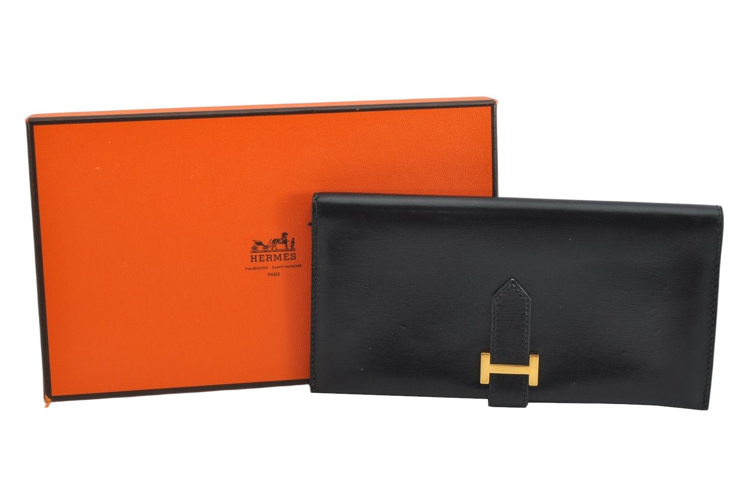 Authentic HERMES Bearn Classic Leather Long Wallet Purse Black Box 0753K