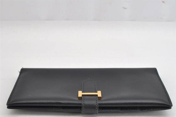 Authentic HERMES Bearn Classic Leather Long Wallet Purse Black Box 0753K