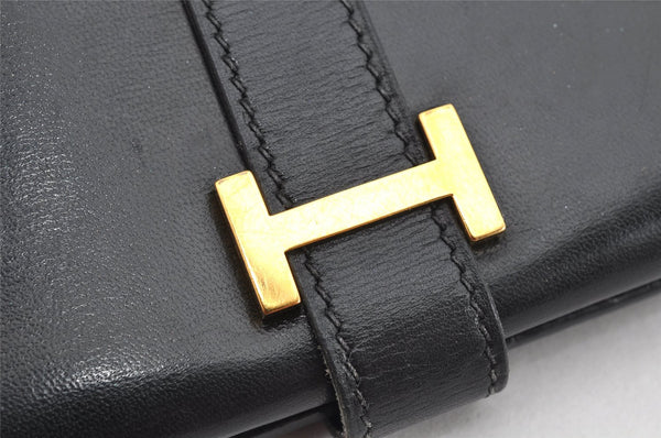 Authentic HERMES Bearn Classic Leather Long Wallet Purse Black Box 0753K