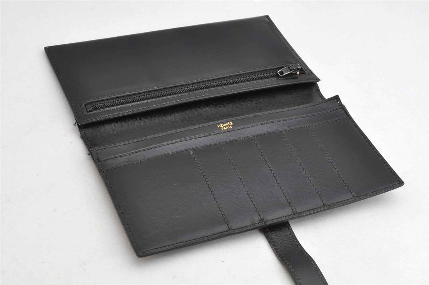 Authentic HERMES Bearn Classic Leather Long Wallet Purse Black Box 0753K