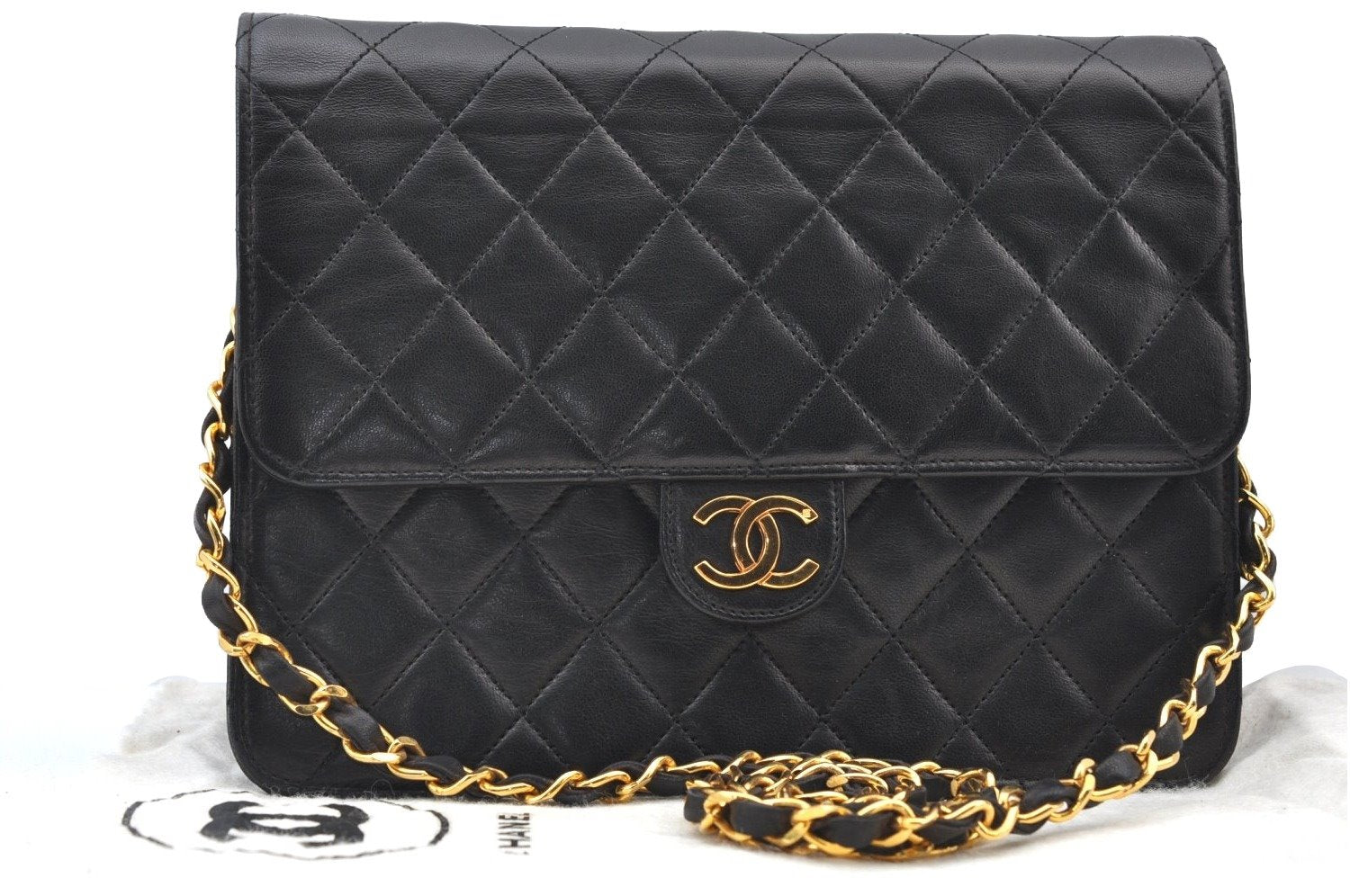 Authentic CHANEL Lamb Skin Matelasse Chain Shoulder Bag Black CC Junk 0759I