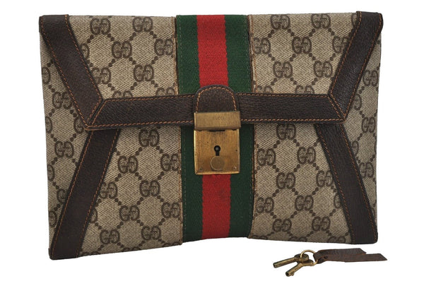 Authentic GUCCI Web Sherry Line Clutch Hand Bag GG PVC Leather Brown Junk 0760J