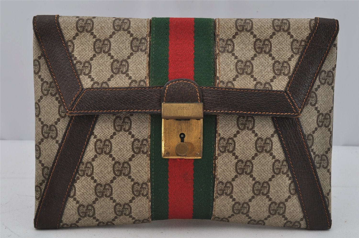 Authentic GUCCI Web Sherry Line Clutch Hand Bag GG PVC Leather Brown Junk 0760J