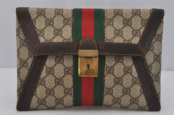 Authentic GUCCI Web Sherry Line Clutch Hand Bag GG PVC Leather Brown Junk 0760J