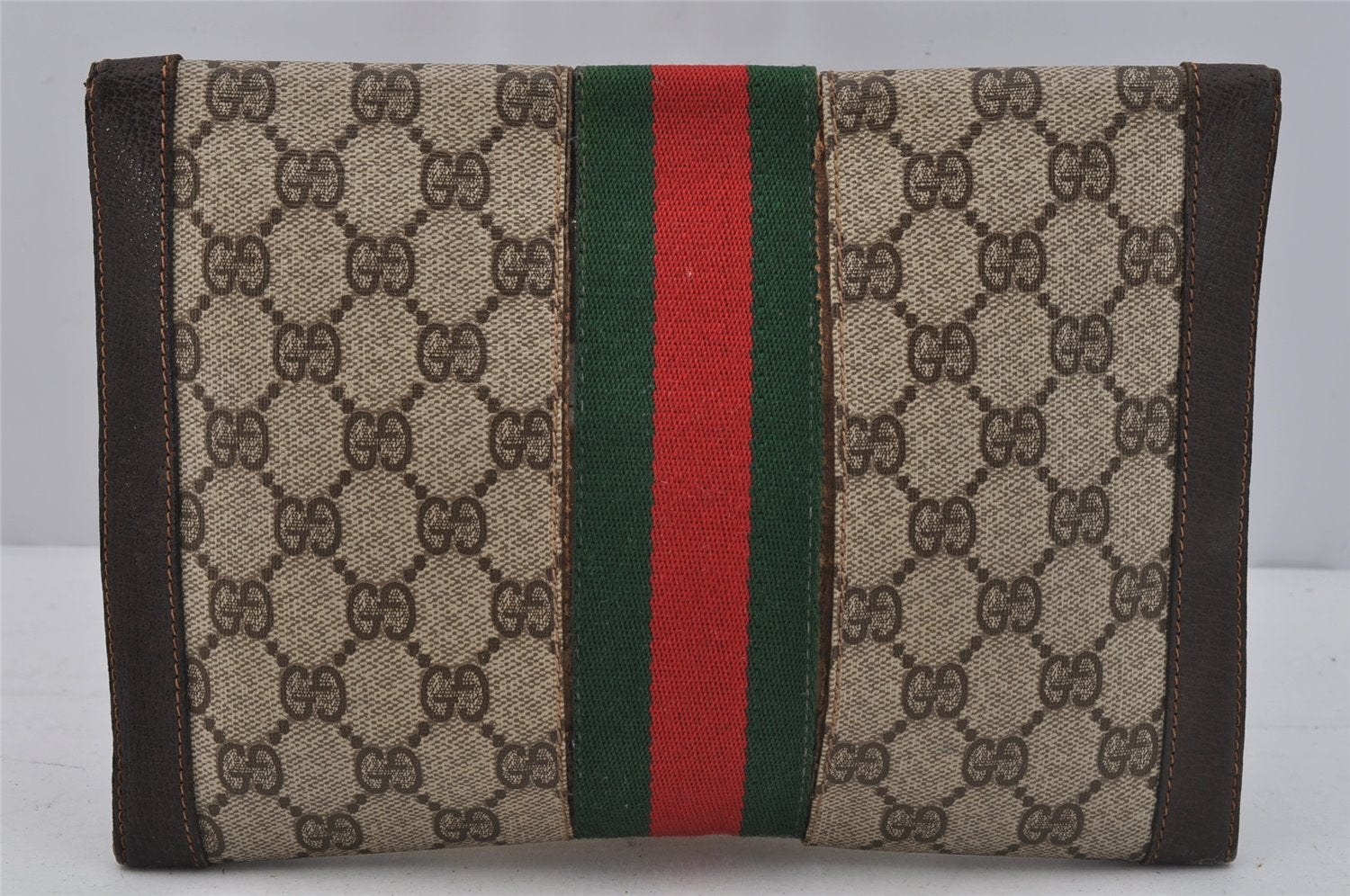 Authentic GUCCI Web Sherry Line Clutch Hand Bag GG PVC Leather Brown Junk 0760J