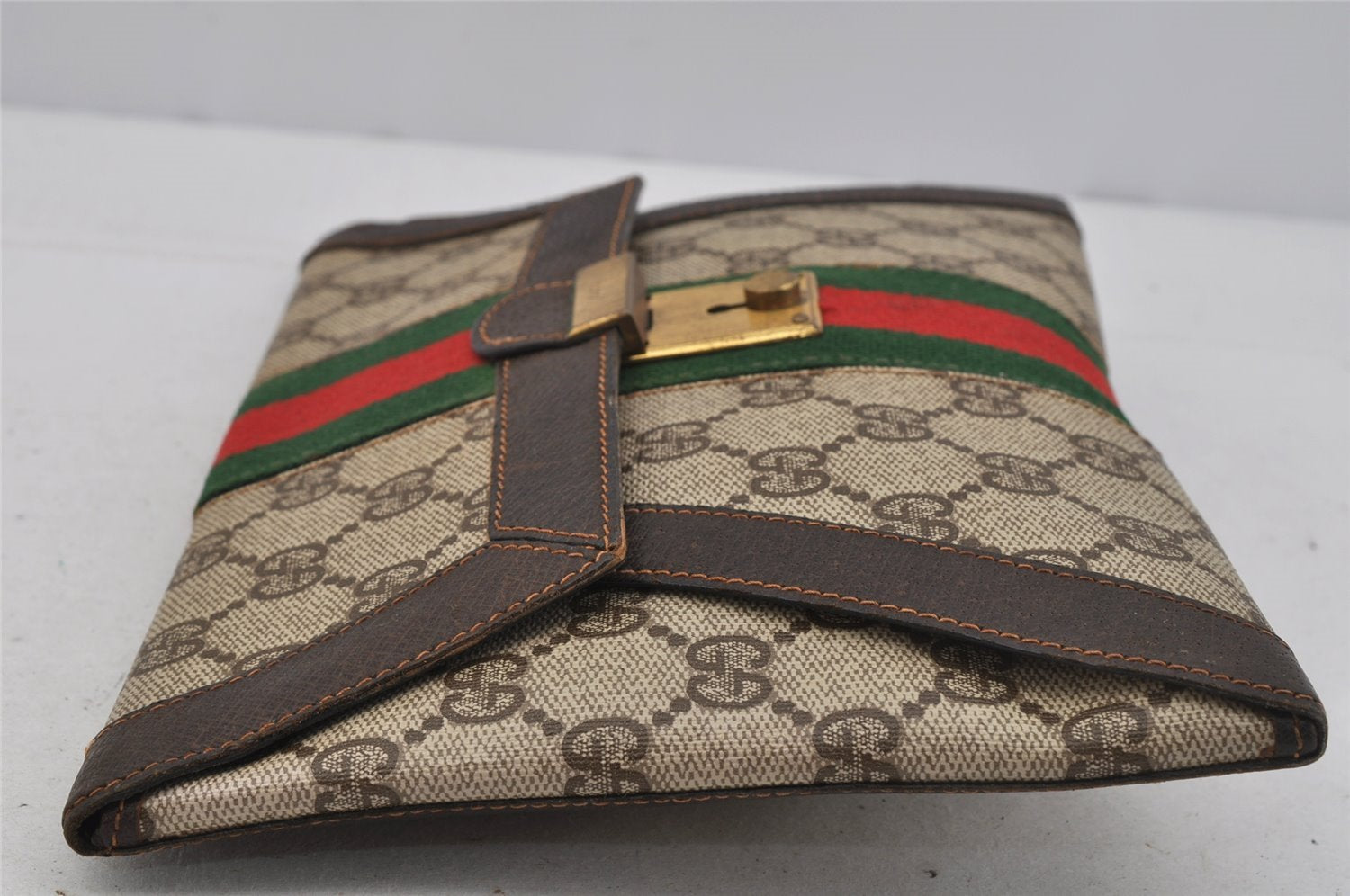 Authentic GUCCI Web Sherry Line Clutch Hand Bag GG PVC Leather Brown Junk 0760J