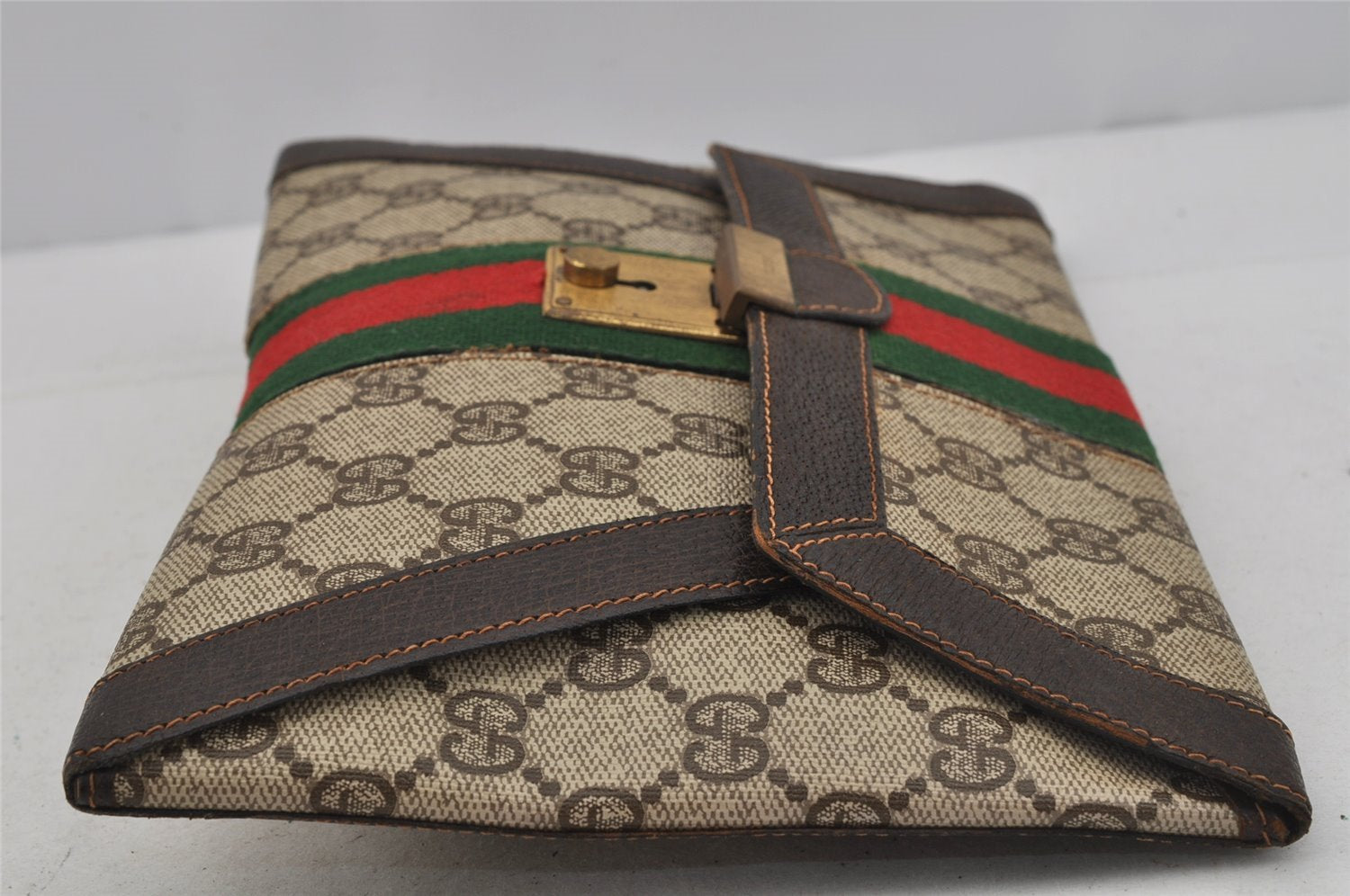 Authentic GUCCI Web Sherry Line Clutch Hand Bag GG PVC Leather Brown Junk 0760J