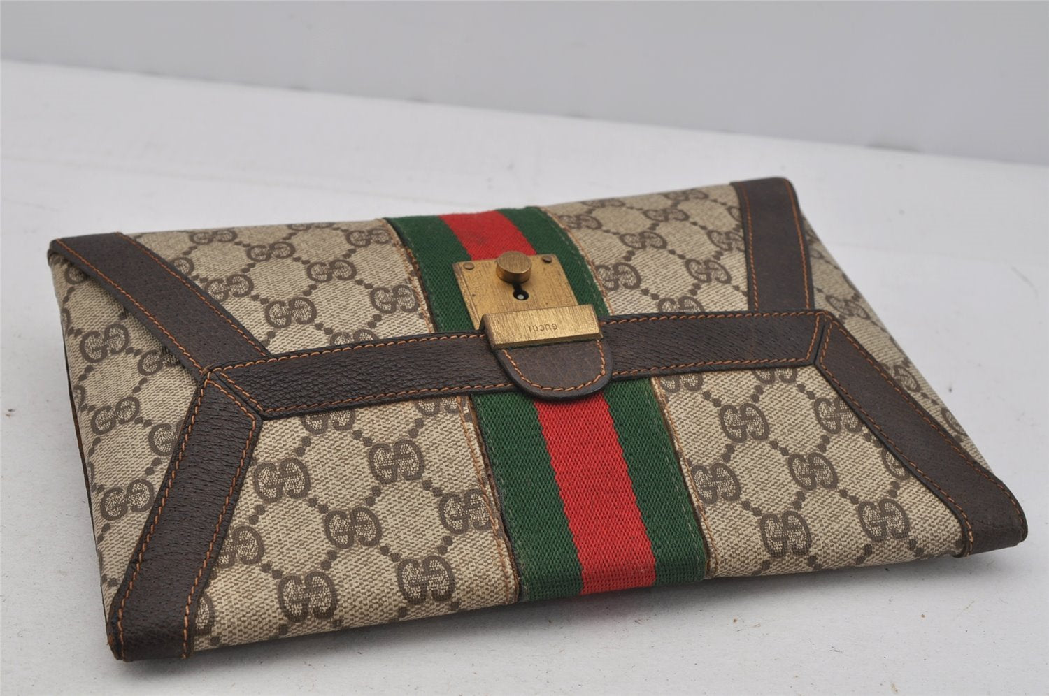 Authentic GUCCI Web Sherry Line Clutch Hand Bag GG PVC Leather Brown Junk 0760J