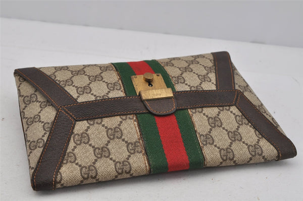 Authentic GUCCI Web Sherry Line Clutch Hand Bag GG PVC Leather Brown Junk 0760J