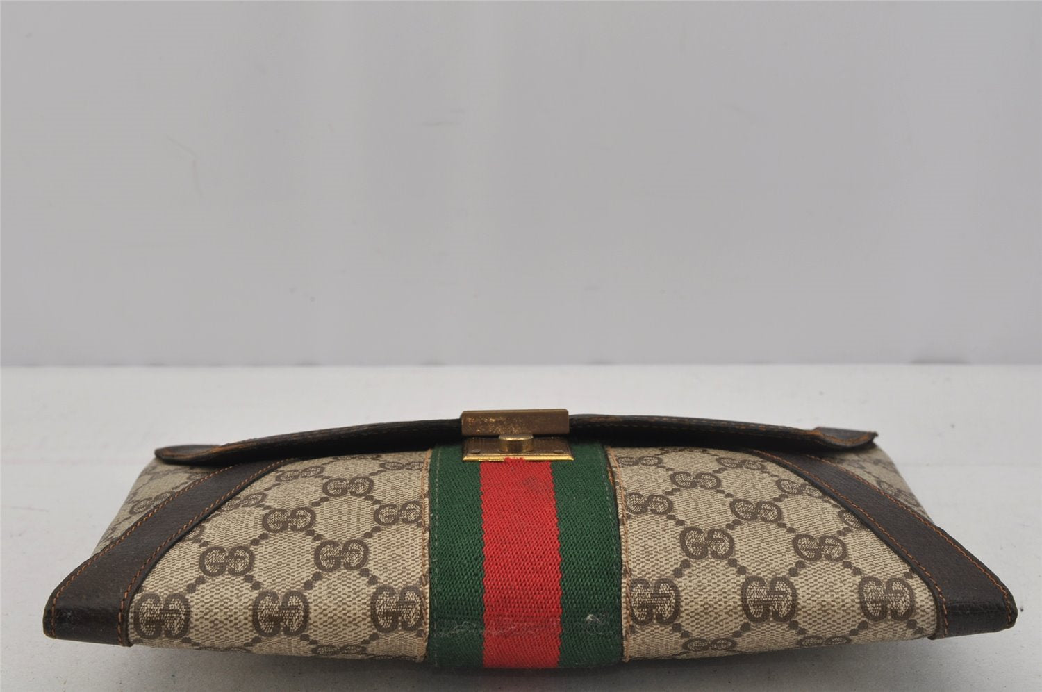 Authentic GUCCI Web Sherry Line Clutch Hand Bag GG PVC Leather Brown Junk 0760J