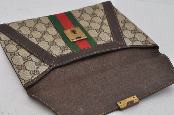 Authentic GUCCI Web Sherry Line Clutch Hand Bag GG PVC Leather Brown Junk 0760J