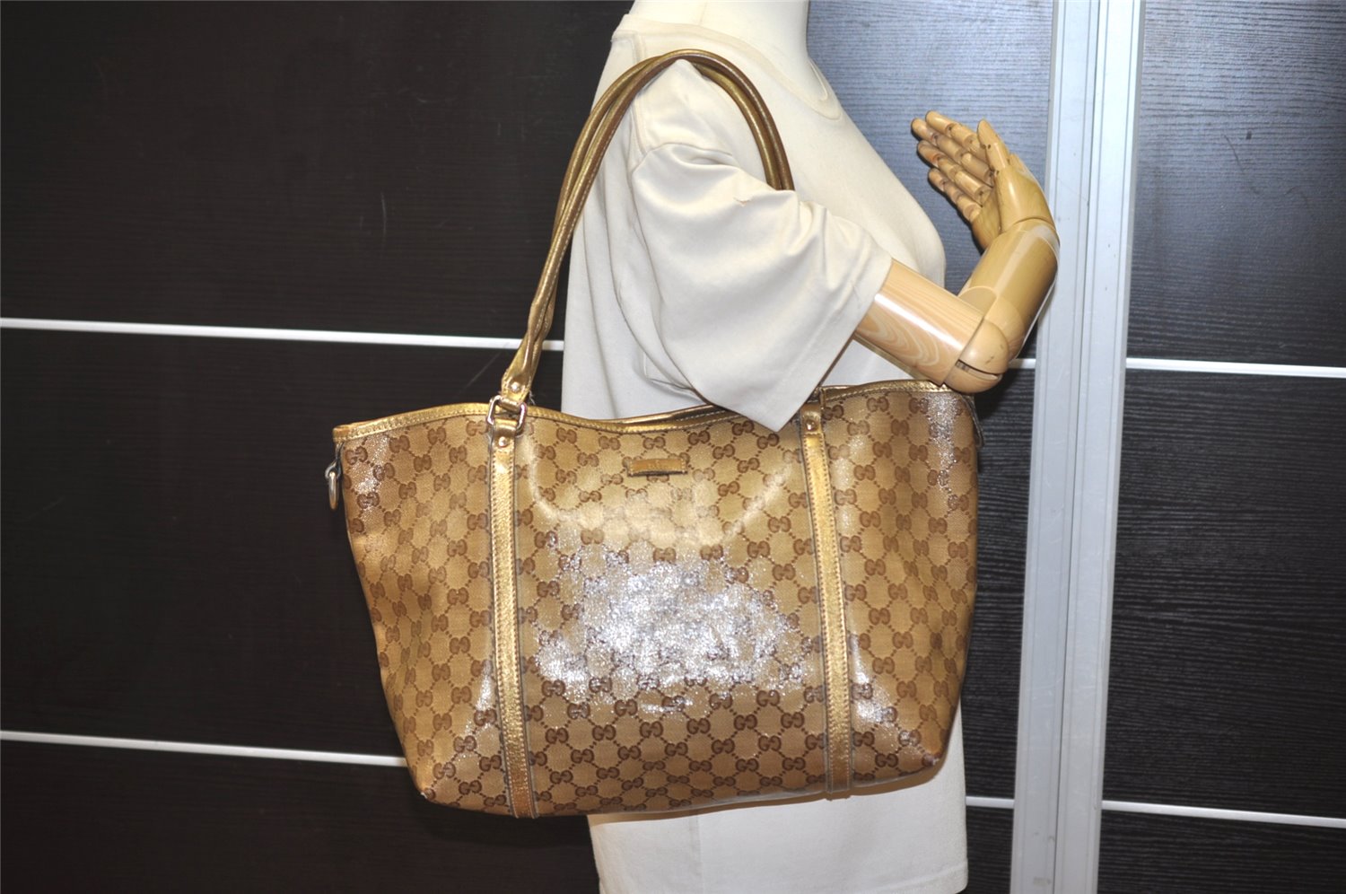 Authentic GUCCI GG Crystal Shoulder Tote Bag GG PVC Leather 197953 Brown 0761K