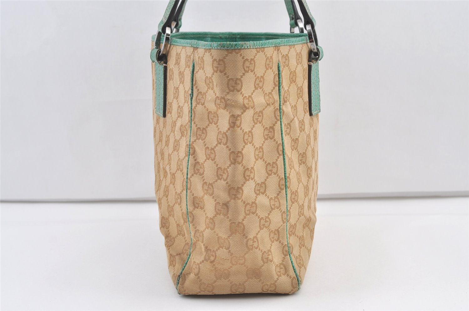 Authentic GUCCI Shoulder Tote Bag GG Canvas Leather 113017 Beige Blue 0763K